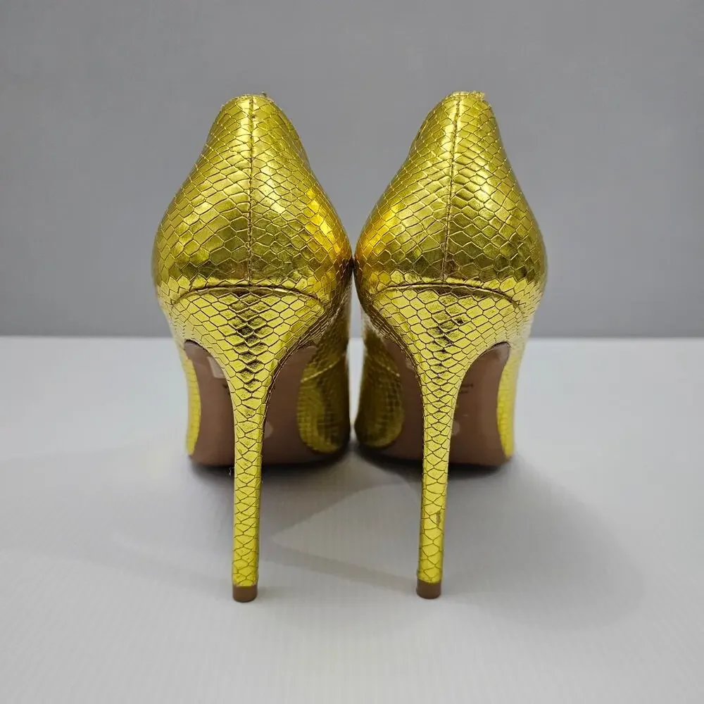 Stuart Weitzman Metallic Yellow Snakeskin Pointed-Toe Pumps - Picture 8 of 16